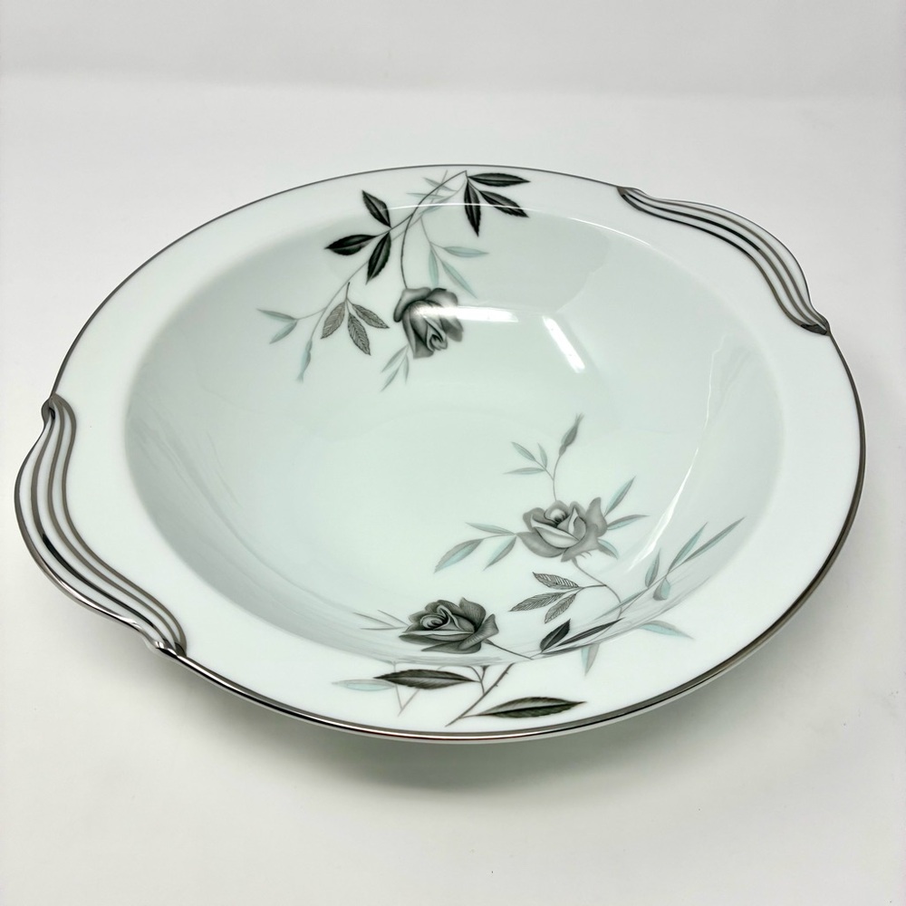 Noritake China Rosamor 10” Round Vegetable Bowl Gray Roses Platinum Rim Vintage
